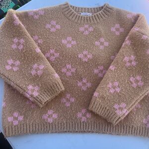 Pink Floral Tan Knit Sweater